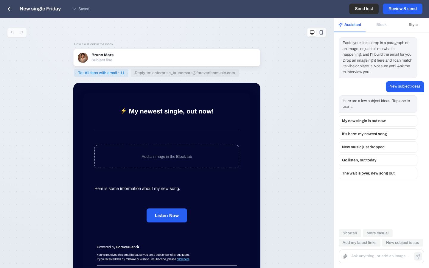 The assistant panel with the quick-action buttons and the chat thread