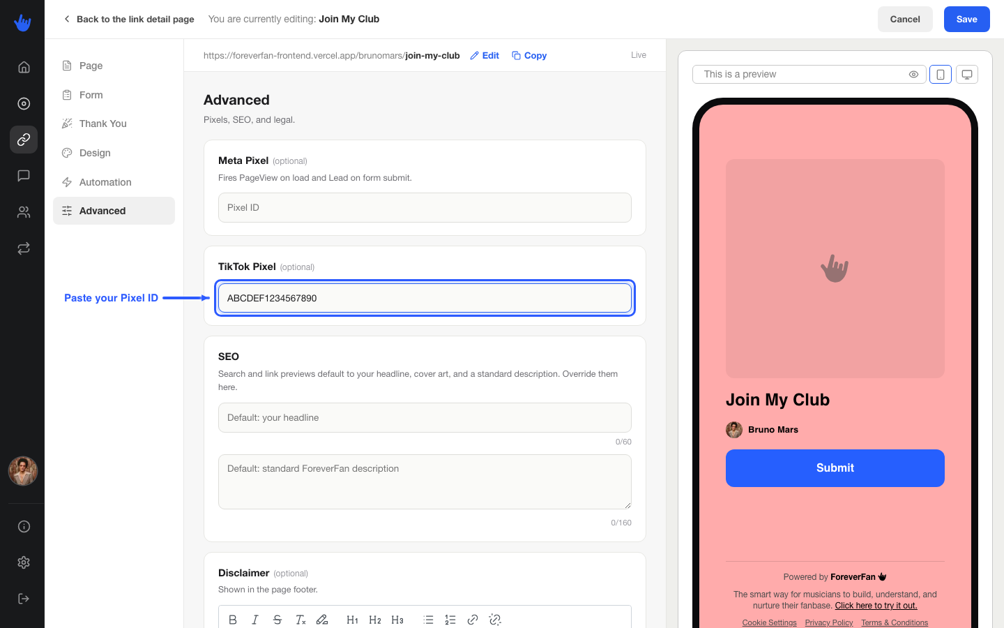 The TikTok Pixel field on a link's Advanced tab with a Pixel ID pasted in
