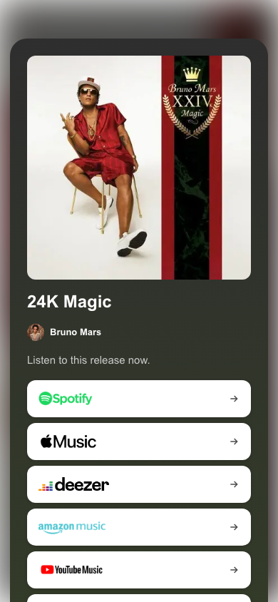 The fan-facing view of a streaming link with cover art and the list of streaming services