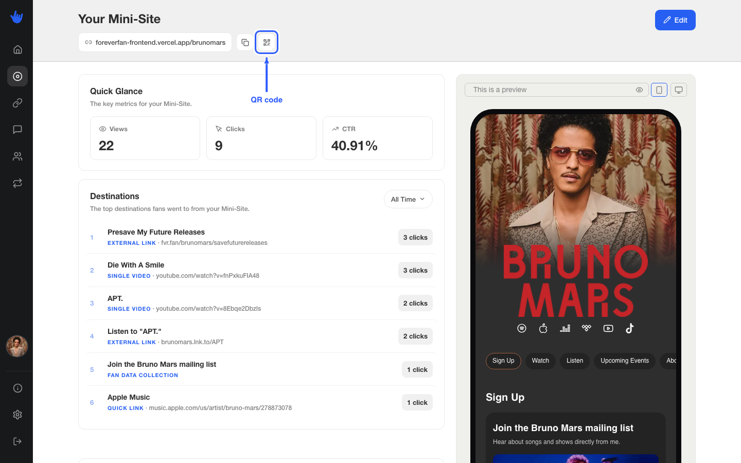 The mini-site dashboard with the URL chip, Copy, QR, and live preview