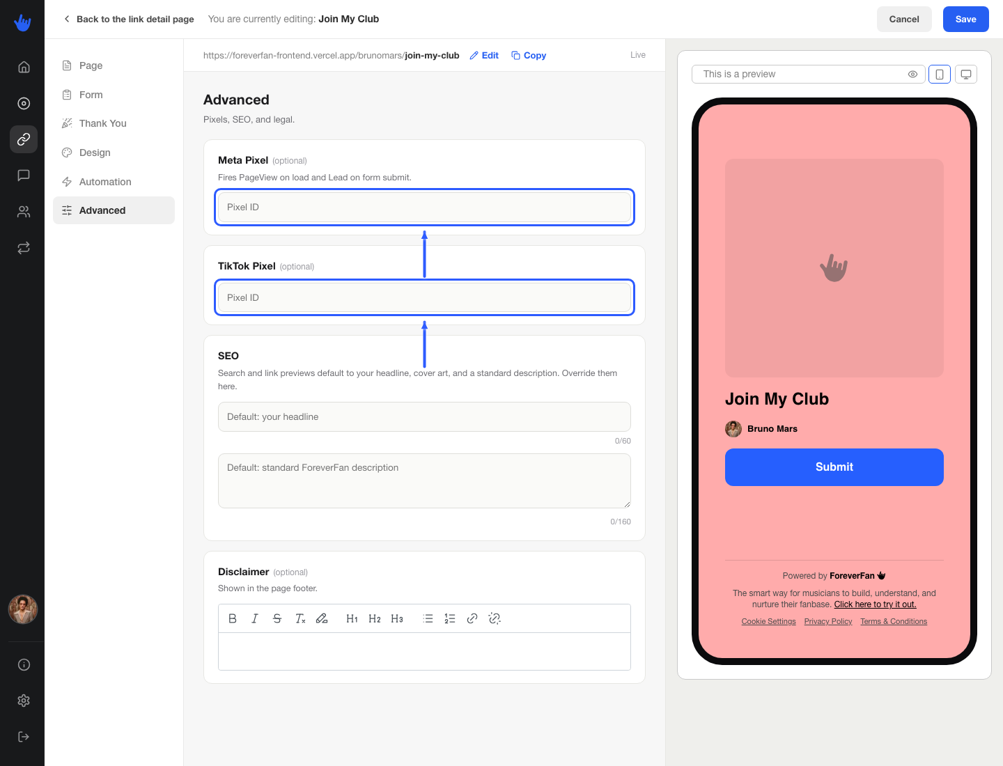 A link's Advanced tab showing the Meta Pixel and TikTok Pixel fields