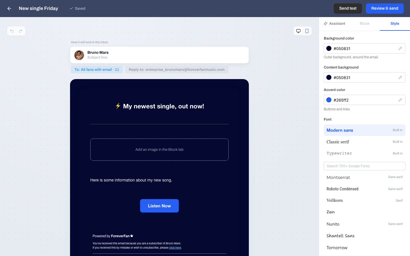 The style panel open showing the color options and font picker