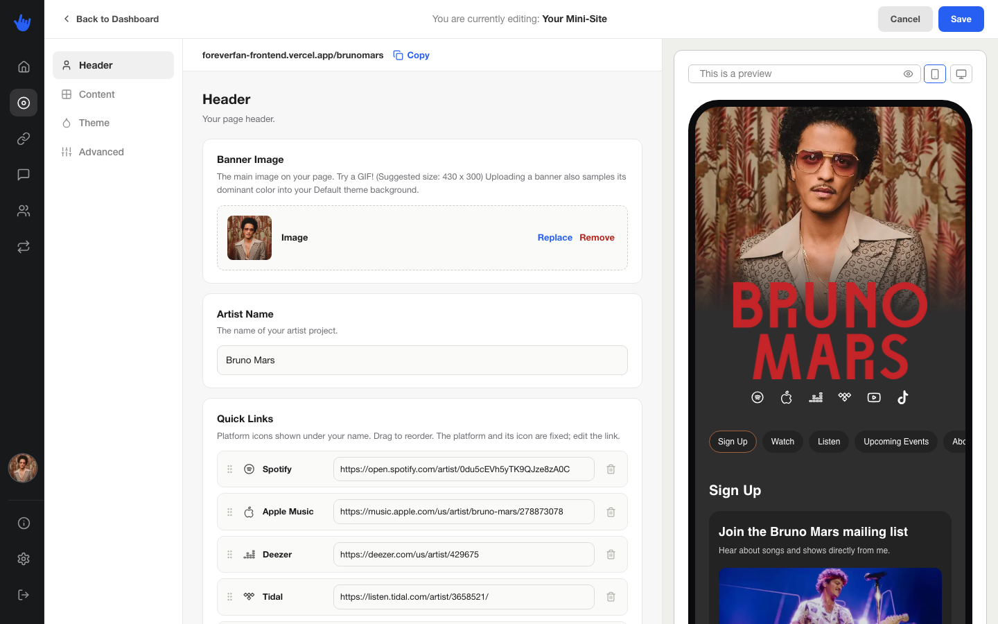 The Header tab showing banner, name, quick links, and bio fields