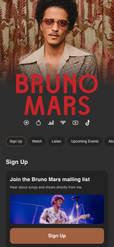 A finished mini-site as a fan sees it on a phone