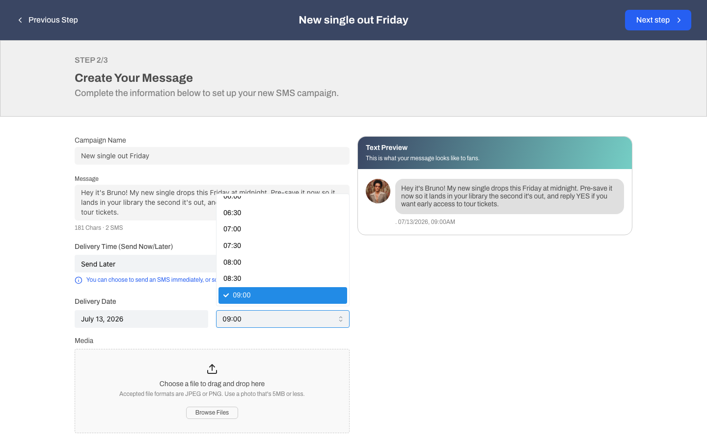 The Send Later date and time picker showing the 30-minute time steps