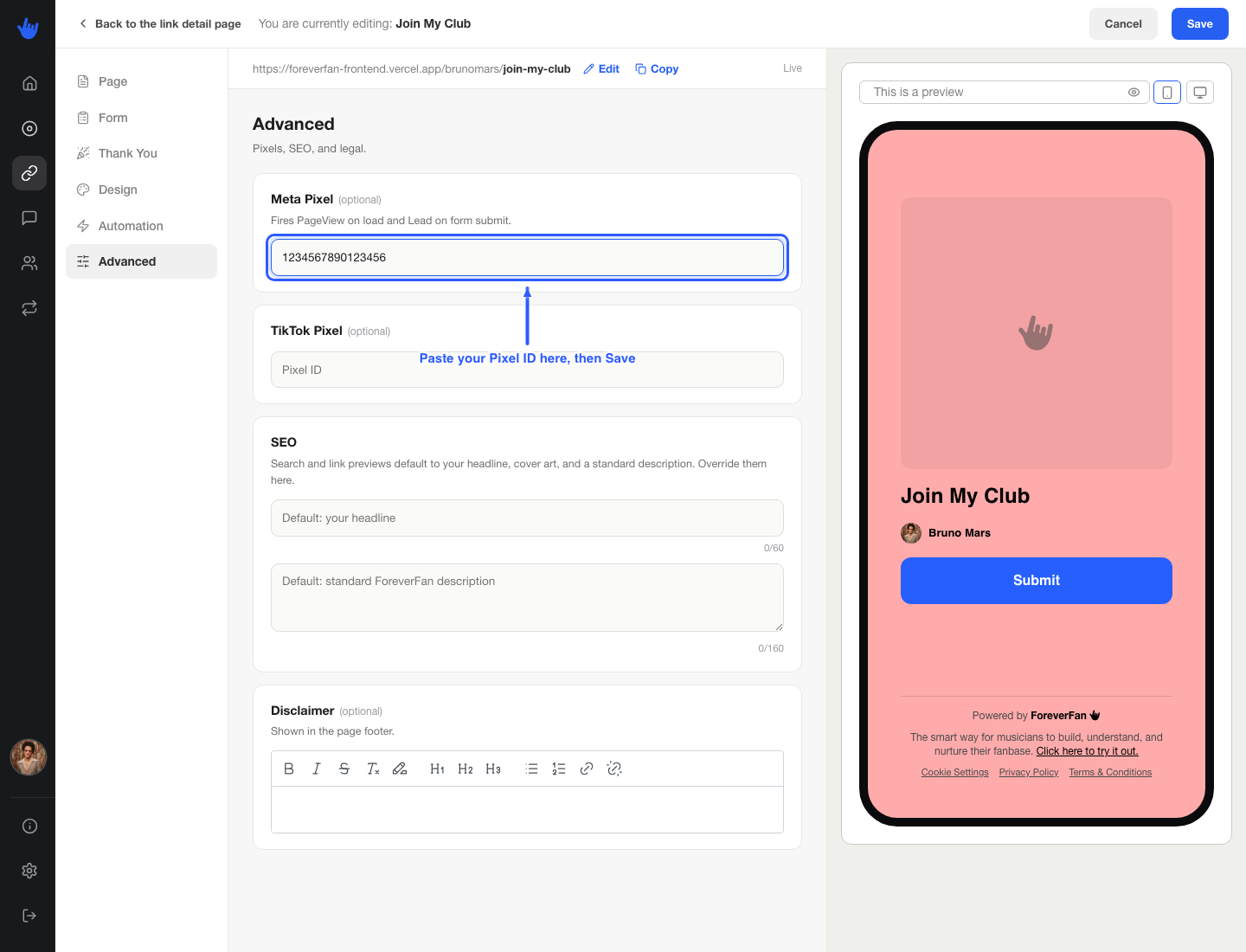 The Meta Pixel field on a link's Advanced tab with a Pixel ID pasted in