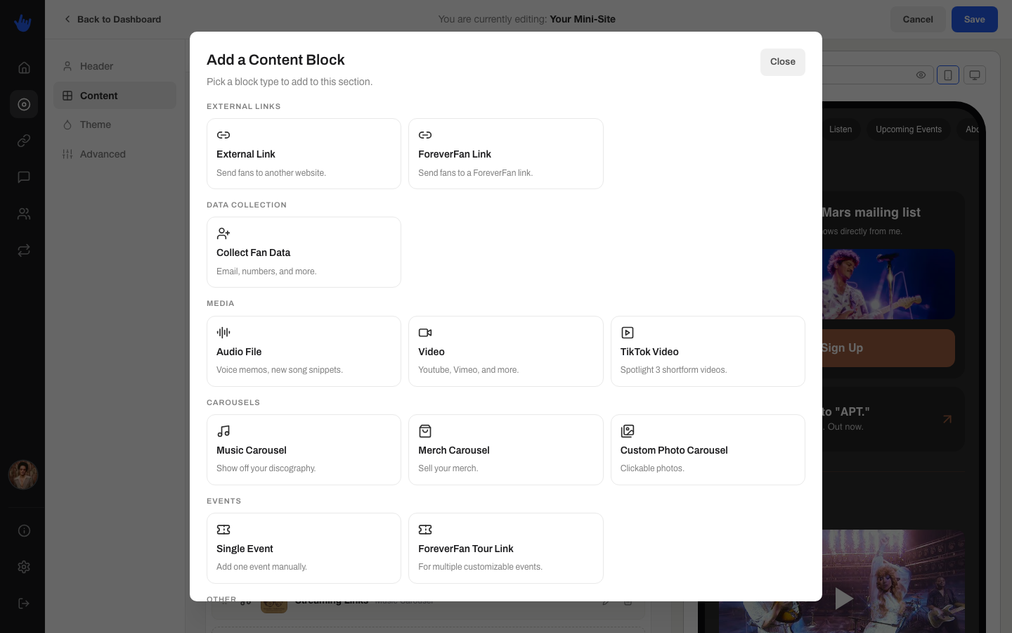 The add-block picker showing the block types grouped
