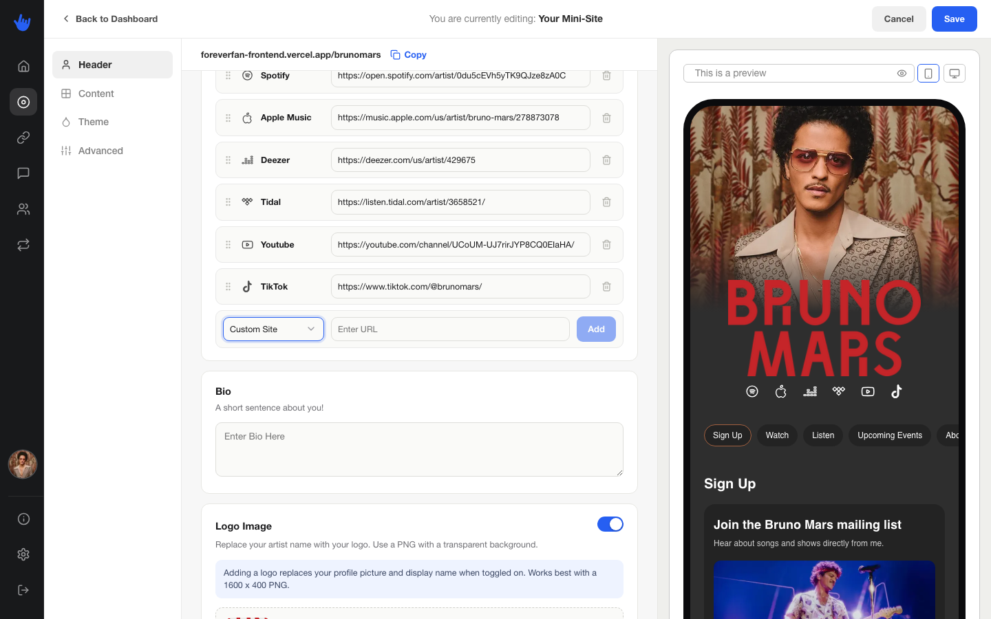 The quick links section with the platform picker open