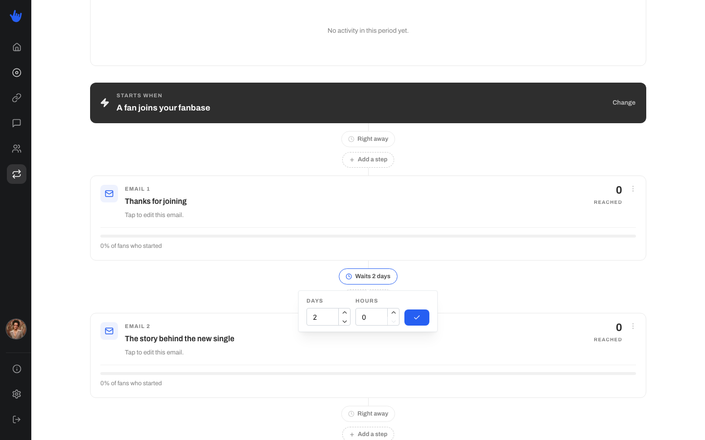 A wait between two steps opened to show the Days and Hours settings