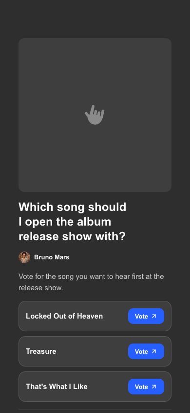 The fan-facing view of a poll link with its voting options
