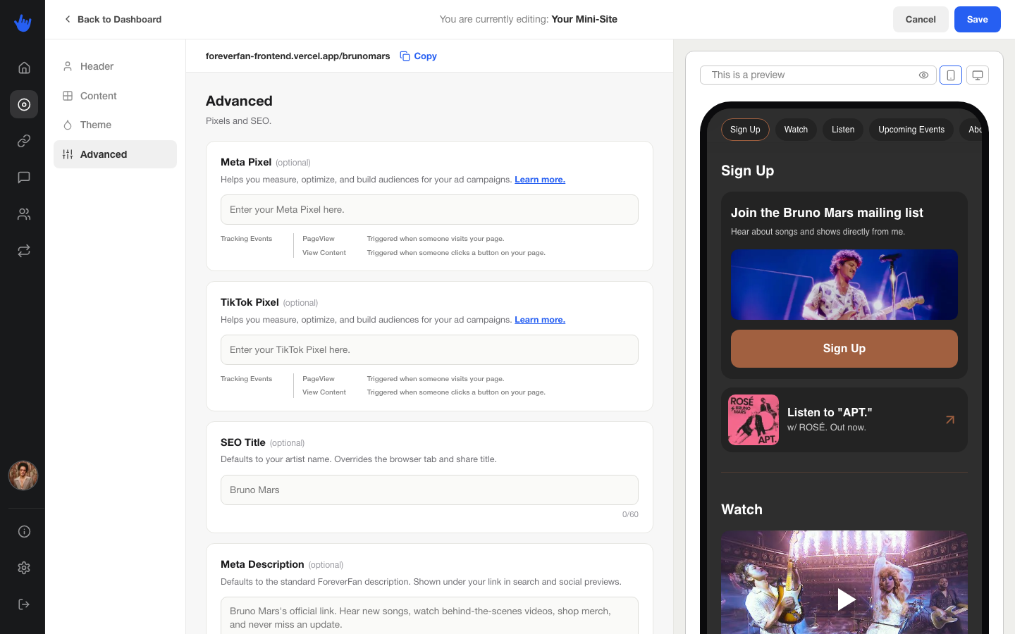 The Advanced tab showing pixel fields and the SEO title and description