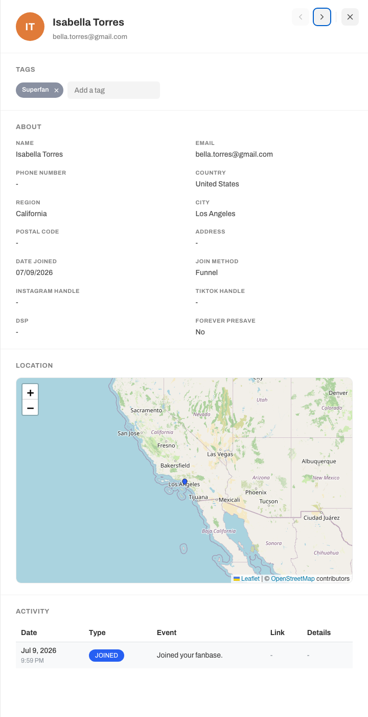 A fan drawer open showing the Tags, About, and Activity sections