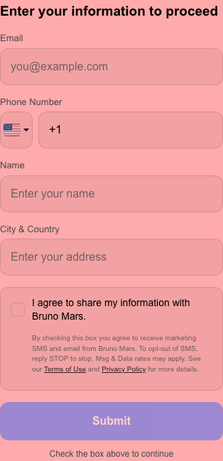 The fan-facing details form with the fields and the consent checkbox