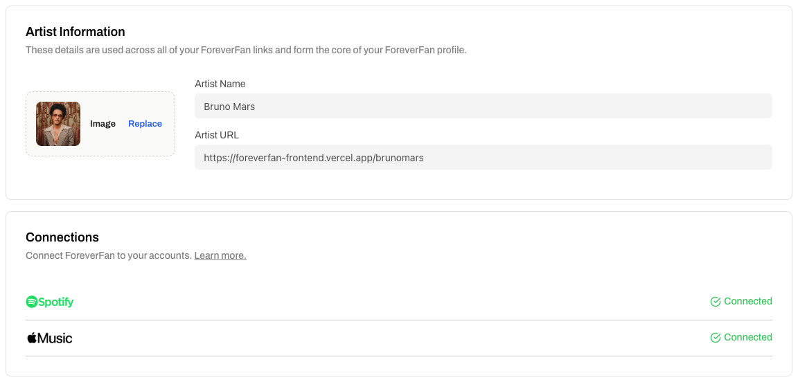 The Artist Information and Connections sections in Settings