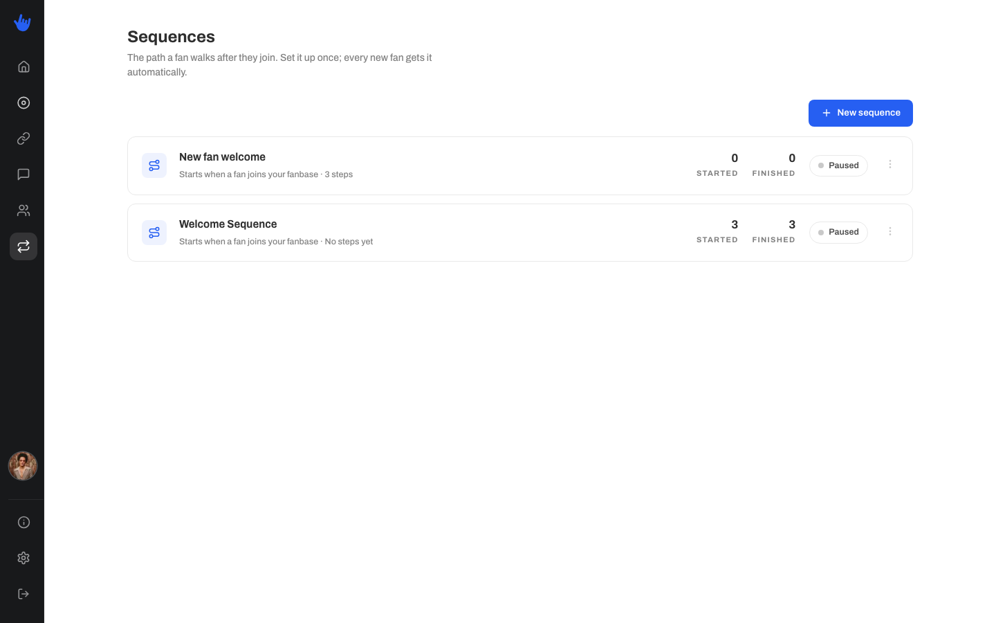 The sequences list showing cards with the trigger, step count, and Active or Paused pill