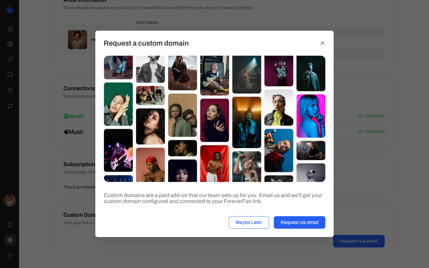 The Custom Domain section in Settings with the request modal open