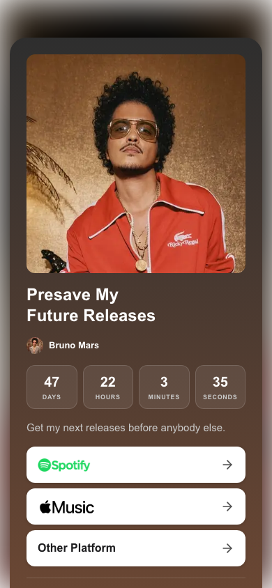 A live Forever Presave page as a fan sees it with the release countdown and service buttons