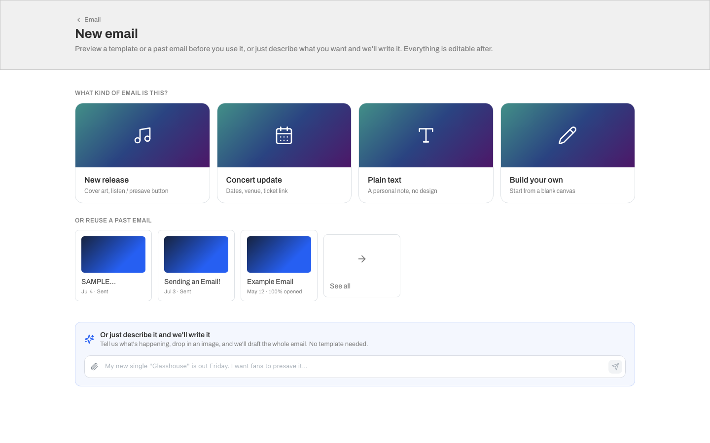 The new-email start screen showing the templates, the reuse row, and the describe-it box
