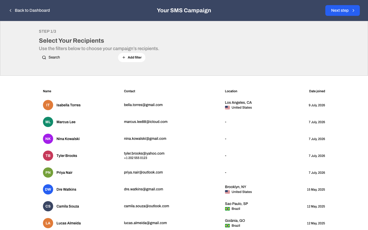 The recipient picker with filters and the live recipient count