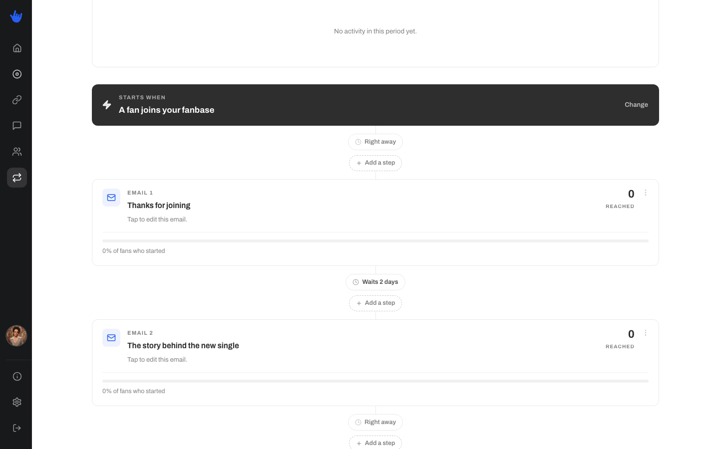 The flow editor showing a trigger, an email step, and a wait between steps