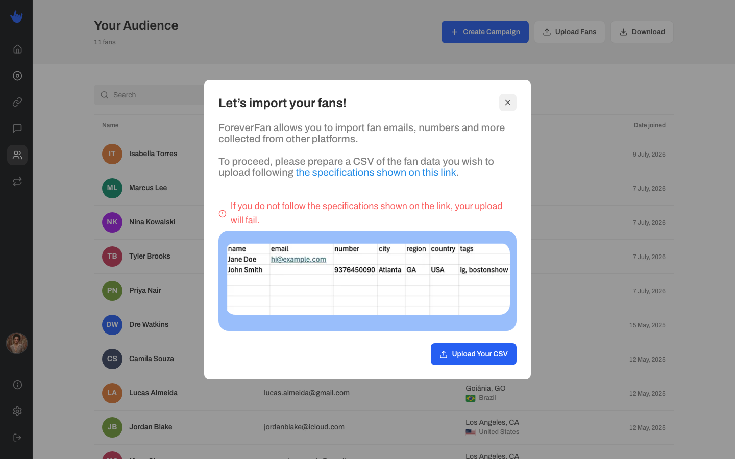 The upload wizard intro step with the example table