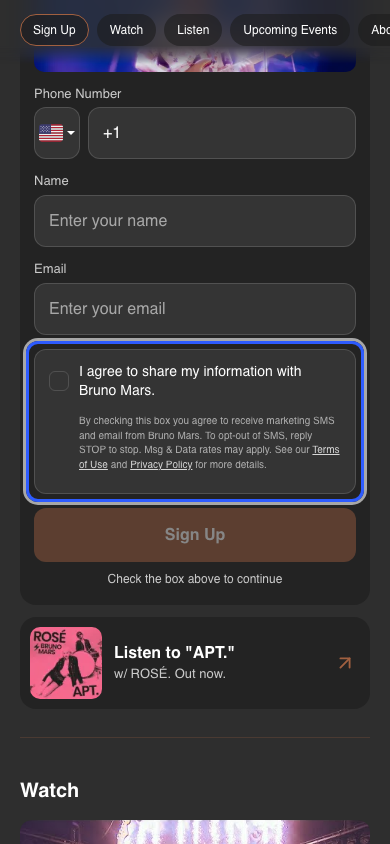 The Collect Fan Data card on a live mini-site with the consent checkbox