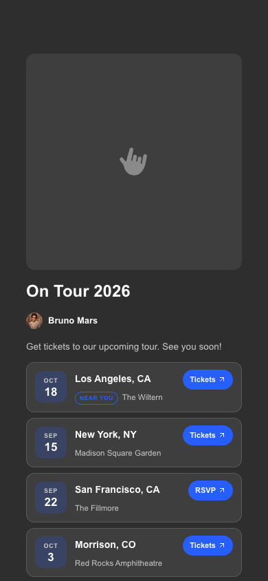 A live tour link as a fan sees it with several shows listed and the nearest one first